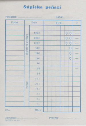 Súpiska peňazí v pokladni A6 (blok 100 listov)