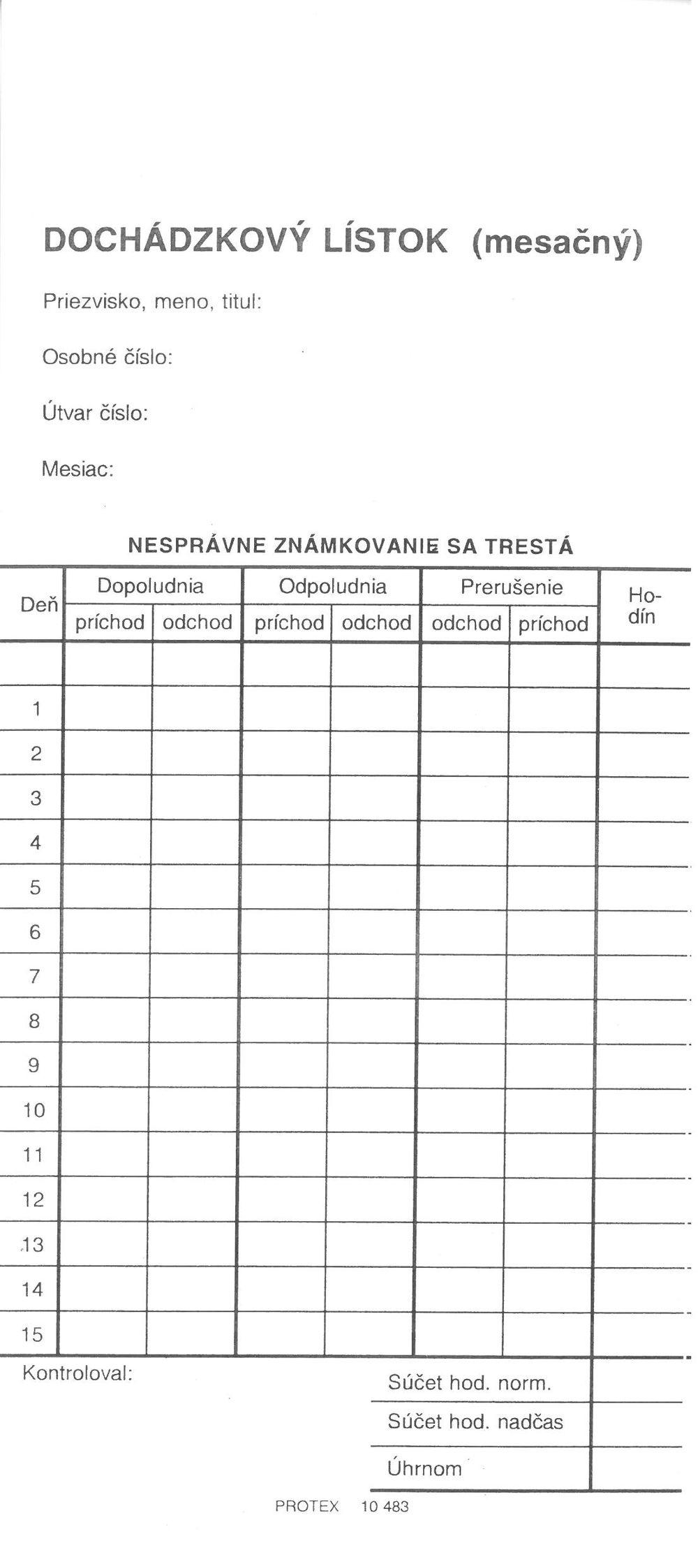 Dochádzkový lístok (pichačka) (karta 1/3 A4)