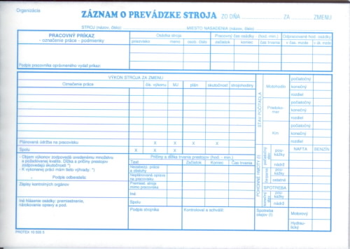 Záznam o prevádzke stroja samoprepisovací (blok A5, 100 listov)