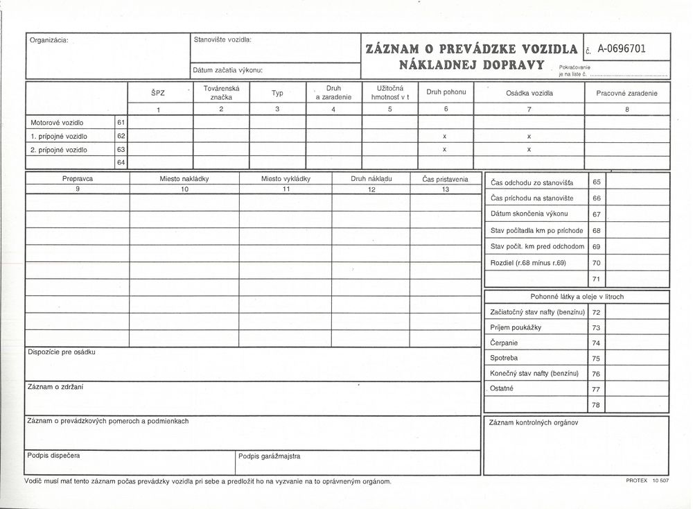 Záznam o prevádzke nákladného vozidla - STASKA (A4 blok)-číslovaný