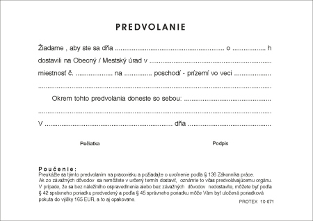 Predvolanie na Obecný/Mestský úrad (A6 - kartón)