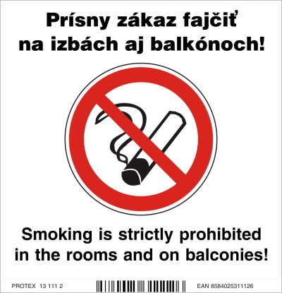 Piktogram zákaz fajčenia pre hotely s dvojjazyčným textom - samolepka 10x10 cm