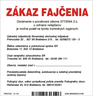 Označenie s textom Zákaz fajčenia a zoznamom kontrolných orgánov (10 x 10 cm)