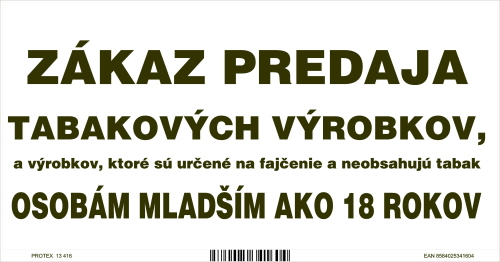 Označenie "Zákaz predaja tabakových výrobkov..." (20x10 cm)