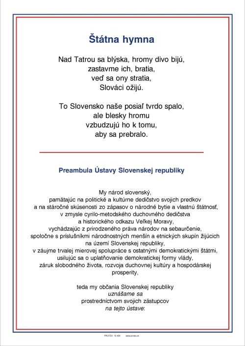 Text Slovenskej štátnej hymny a preambuly Ústavy (A4, laminovaný)