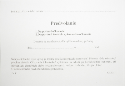 Predvolanie na povinné očkovanie (A6 - kartón)