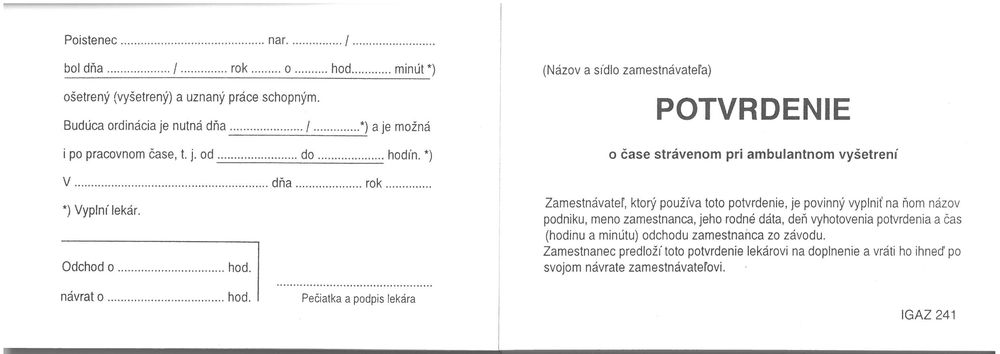 Potvrdenie o čase strávenom pri ambulantnom vyšetrení (blok A7, 100 listov)