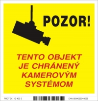 Piktogram žltý s nápisom - POZOR! Tento objekt je chránený kamerovým systémom (10 x 10 cm)